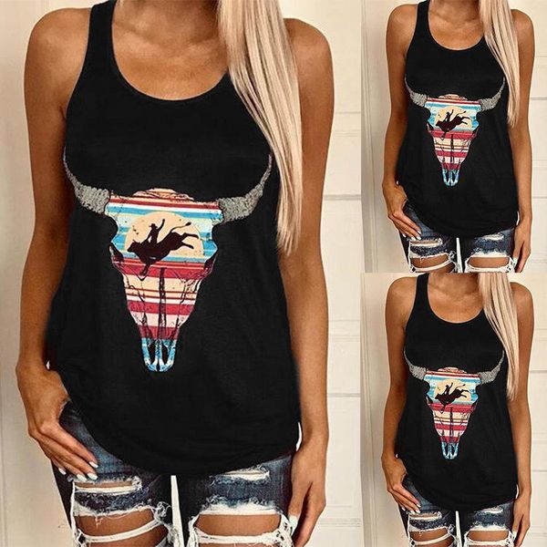 

women's tanks & camis black tank women 2021 summer tees sleeveless fashion ranch cow print o-neck ladies mujer verano, White