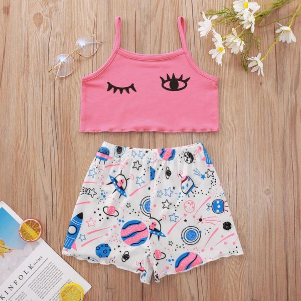 

pink halter cartoon girl trouser suit clothing sets, White