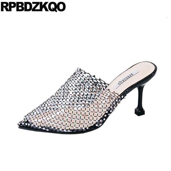

sandals crystal stiletto slides slippers high heels rhinestone pumps runway diamond mules luxury shoes women designer black vamf