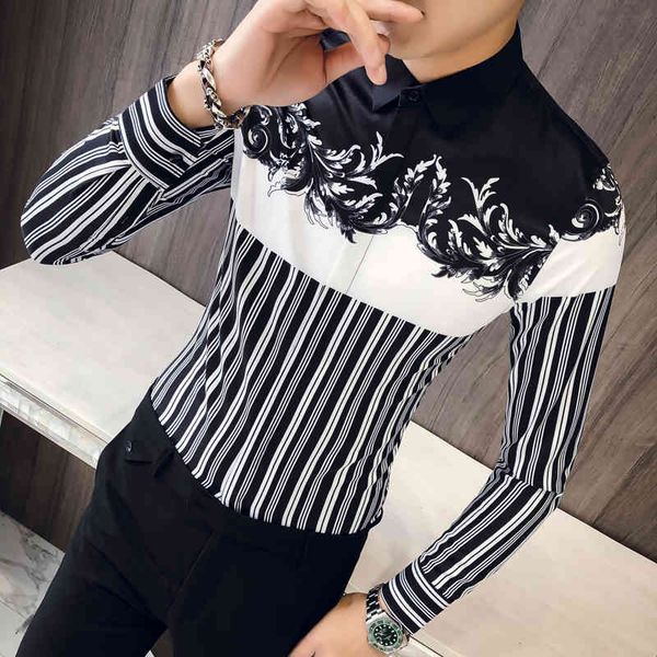 

men's casual shirts stripe flower dress korean clothes slim fit s print party club camisa masculina i89f, White;black