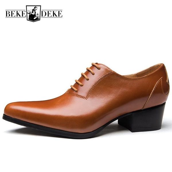 

dress shoes england style business men pointed toe high heel real leather luxury lace up brown oxford formal male, Black