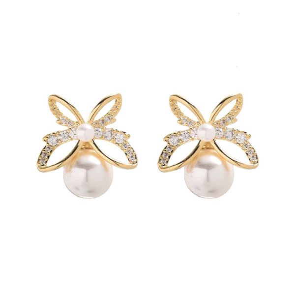 

925 sier needle butterfly pearl earrings korean temperament simple pink bow female, Golden