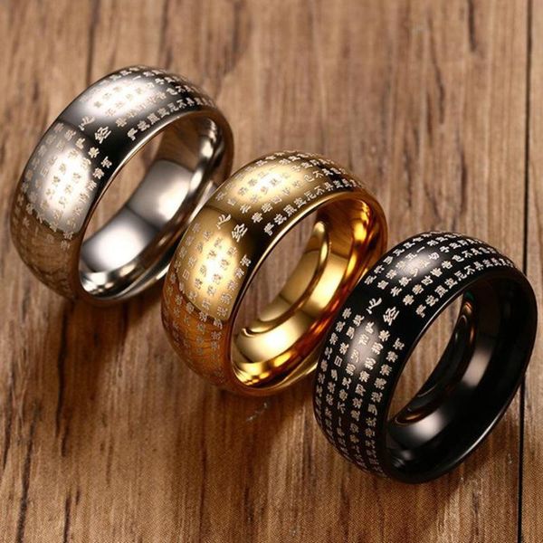 

wedding rings 8mm stainless steel chinese heart sutra engraved buddhist gold ring bands for men jewelry anillo hombre anillos bague homme, Slivery;golden