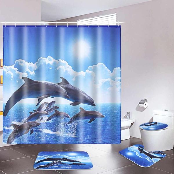 

shower curtains dolphins jumping bathroom waterproof polyester bath pad pedestal rug lid toilet cover ocean print art decor