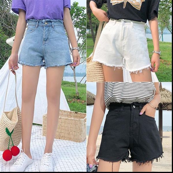 

summer ultra jeans women shorts loose high waist raw edge tassel fashion short pants female mini demin, White;black
