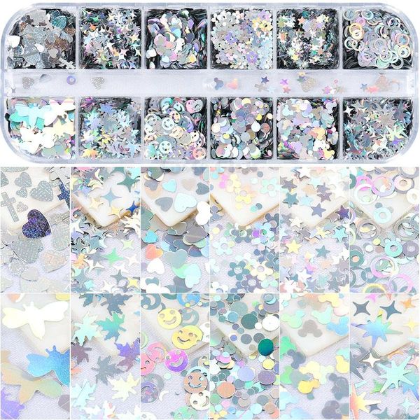 

nail art decorations 12 grids/box silver laser holographic round circle star heart cross maple glitter sequins paillette slice, Silver;gold