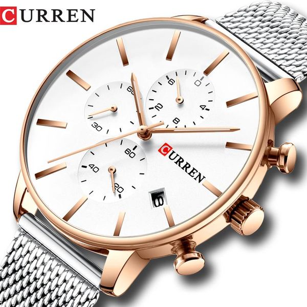 

stainless steel mesh bracelet quartz watches men casual fashion man clock chronograph and automatic wristwatch date reloj wristwatches, Slivery;brown