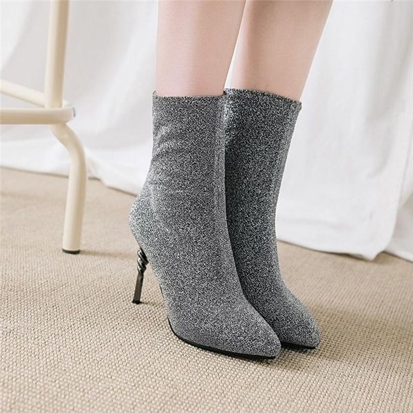 

boots ymechic fashion thin high heel pointed toe stretch bling lace gray black mid calf tight women ridding shoes plus size