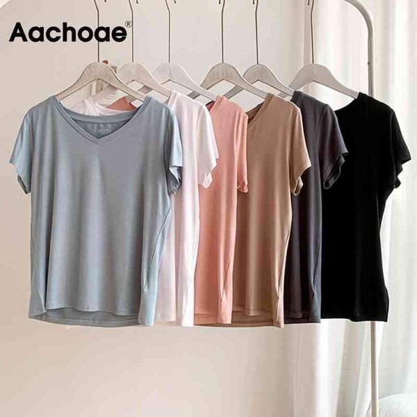 

aachoae summer v neck casual t shirt women solid color basic tees female short sleeve harajuku slim tshirts 210413, White
