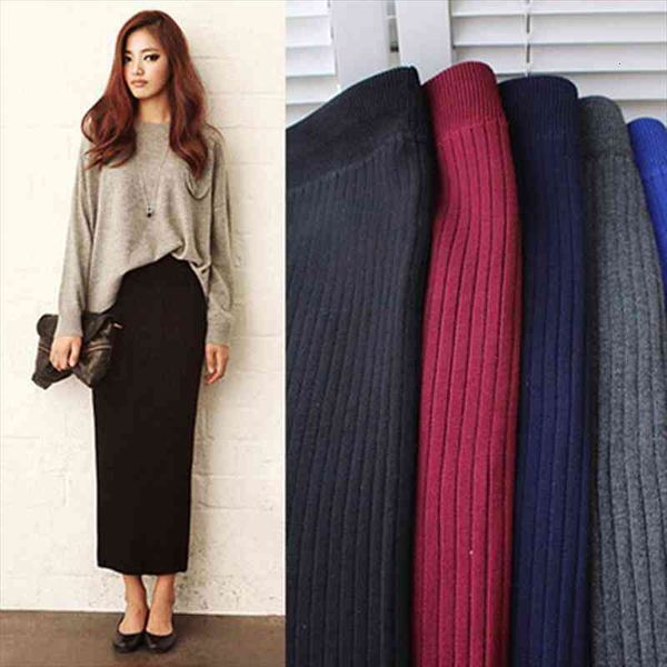 

autumn knitted high waist womens skirt pencil winter warm package elastic split long faldas mujer, Black
