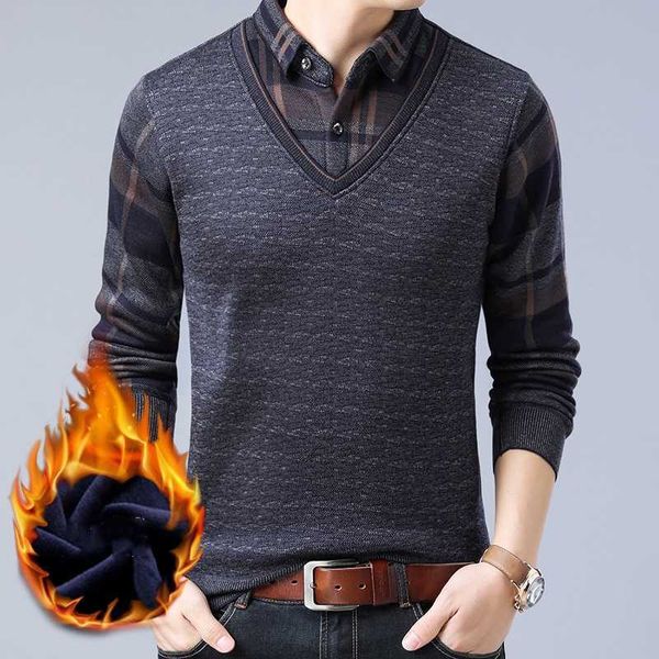 

spring men's plush thick wool warm pullover business fashion casual fake two-piece shirt sweater male brand slim 210531, White;black