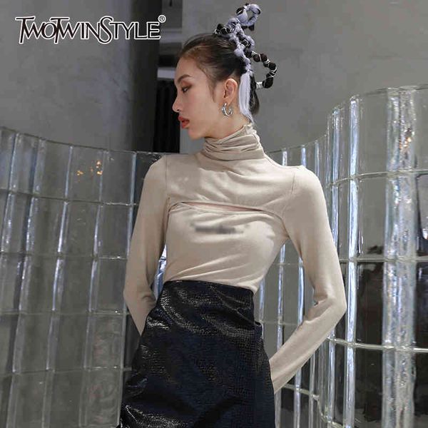 

patchwork letter slim t shirt for women turtleneck long sleeve hollow out female fashion clothing 210524, White