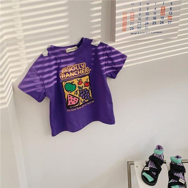 

korean style baby clothing cartoon boys girls purple grape print loose short sleeve t shirts kids cotton tee, Blue