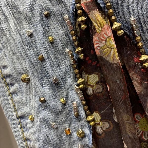 

women's jeans flare 2021 spring autumn slim-fit bell-bottoms beaded floral print cropped pants jean girls ladies, Blue