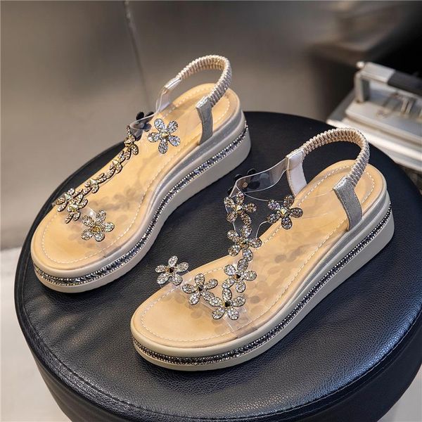 

sandals crystal designer shoes women summer 2021 female woman wedges chunky heels flat beach heel sandal, Black