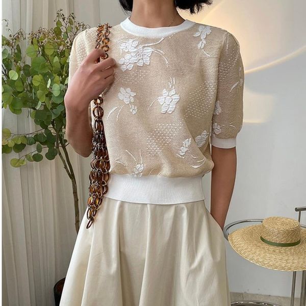 

women's t-shirt tvvovvin summer fashiona jacquard short sleeve knitted women loose o-neck screw thread commute mydr, White