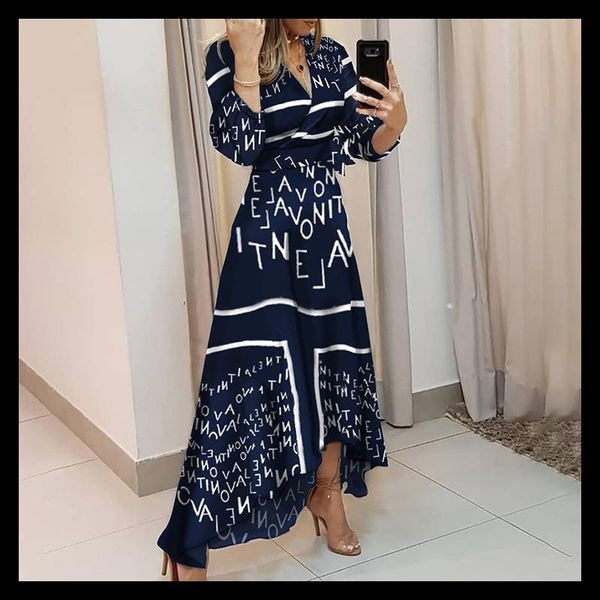 

casual dresses autumn fashion letter printing long-sleeved irregular womens dress party v-neck loose plus size long summer, Black;gray