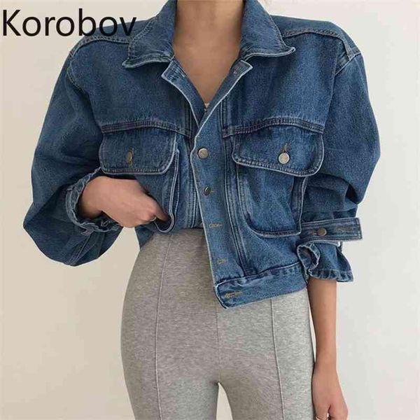 Korobov coreano streetwear moda donna denim cappotti vintage colletto rovesciato manica lunga giacche di jeans harajuku mujer chaqueta 210430