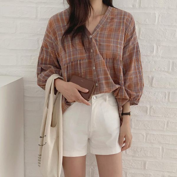 

women's blouses & shirts autumn basic women korea japan style design v neck preppy girls cotton red plaid shirt vintage 8515 46xc, White