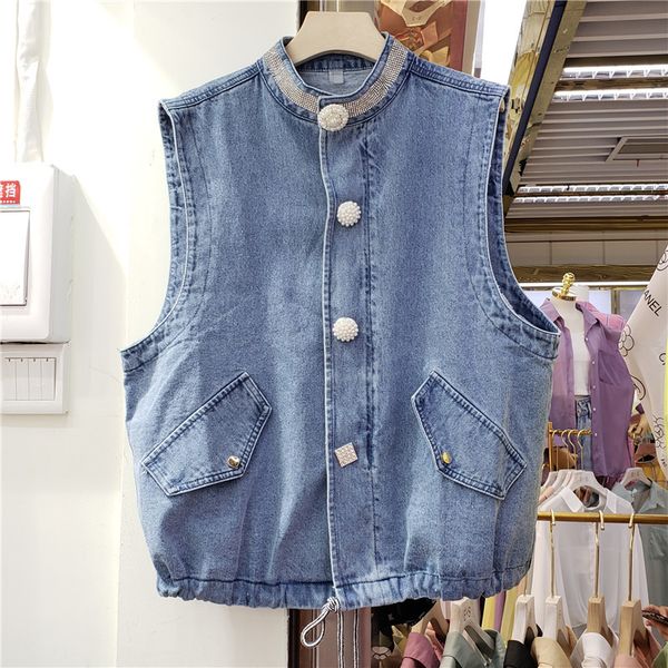 

[ewq] spring new women casual loose o-neck solid color loose short minimalist sleeveless denim vintage vest coat 16f0736 210423, Black;white