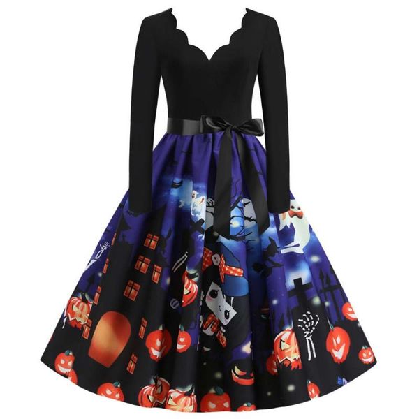 

casual dresses woman wave v-neck printed halloween dress party for clothes plus size long sleeves, Black;gray