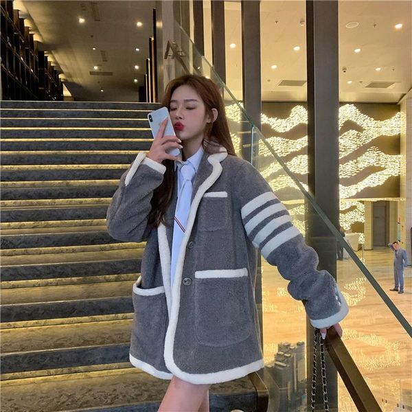 

women's wool & blends fashion all-match loose mid-length lamb coat thick, Black