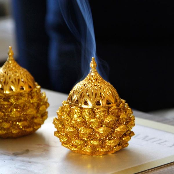 

golden metal resin incense burner holder combination pine cone middle east arabian style deskaroma diffuser fragrance lamps