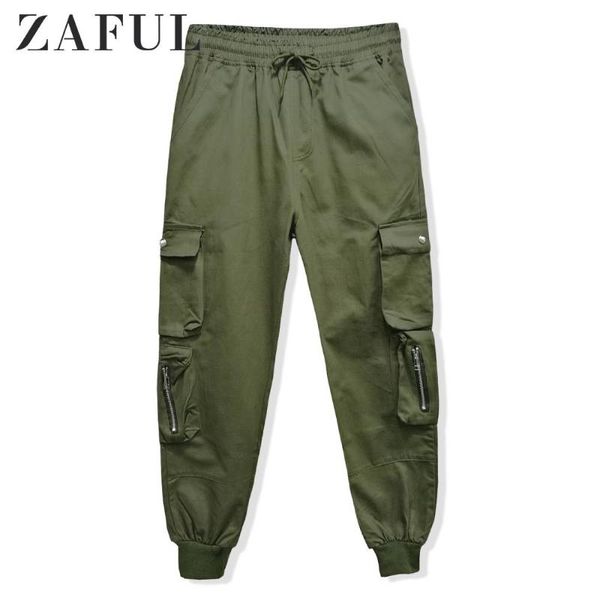 

men's pants zaful solid color multi-pocket casual jogger for men flat mid waist drawstring beam zipper feet panst sports, Black