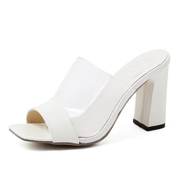 

slippers 2021 summer luxury women thick 9.5cm high heels white slides mules ladies peep toe block slipper sandals designer shoes, Black