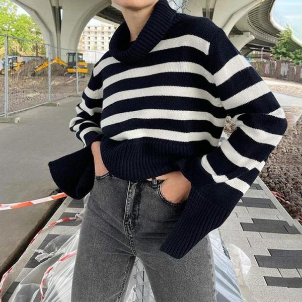 

women's sweaters women split long sleeve loose wide black stripe pullover fall fashion streetwear oversized turtleneck color blocked sw, White;black