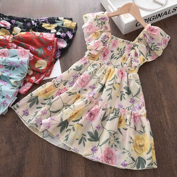 Baby Mädchen Prinzessin Kleid 2021 Neue Sommer Baby Mädchen Chiffon Blumen Druck Kleidung Fliegen Ärmellose Kinder Party Anzug G1026