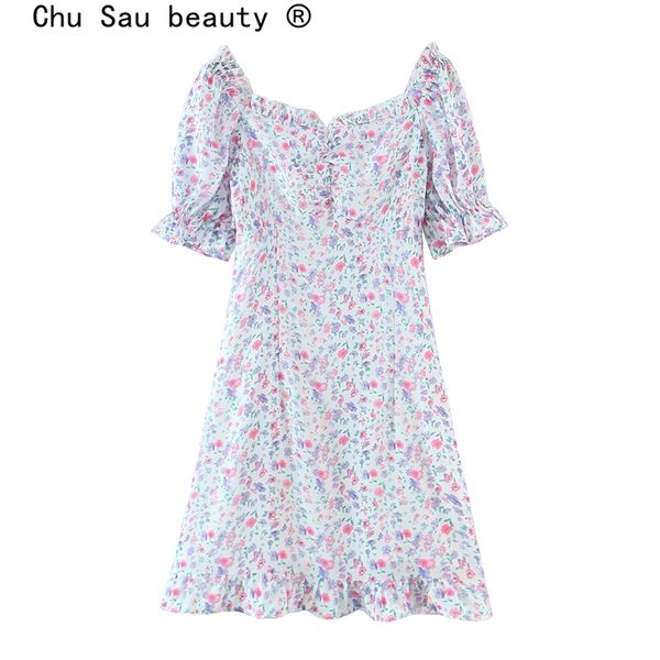 

summer fashion holiday style v-neck ruffles ciffon mini dress women french chic floral print dresses female vestido de moda 210508, Black;gray