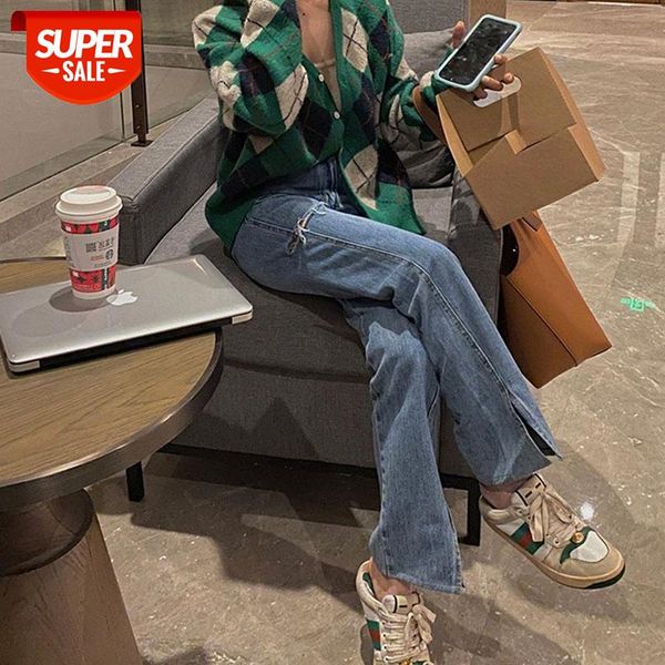 

[jeans with slits just needed for the season] straight waist wide-leg pants women small #a556, Black;white