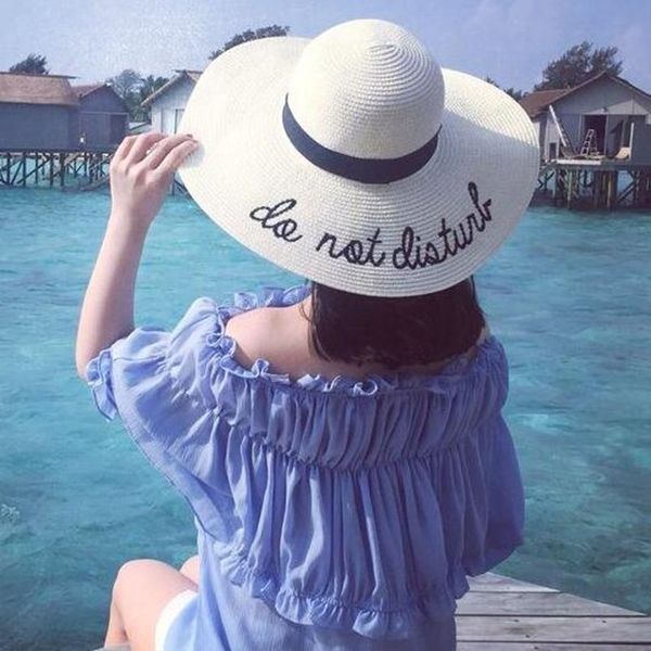 

wide brim hats wide sun hats for women letter embroidery straw girls do not disturb ladies straw folding travel cap csh6, Blue;gray