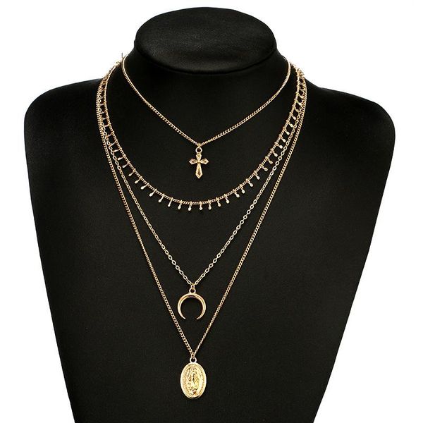 

chokers ltumbe boho style multi layer sequins tassel necklaces for women vintage big crescent cross pendant party gift jewelry, Golden;silver