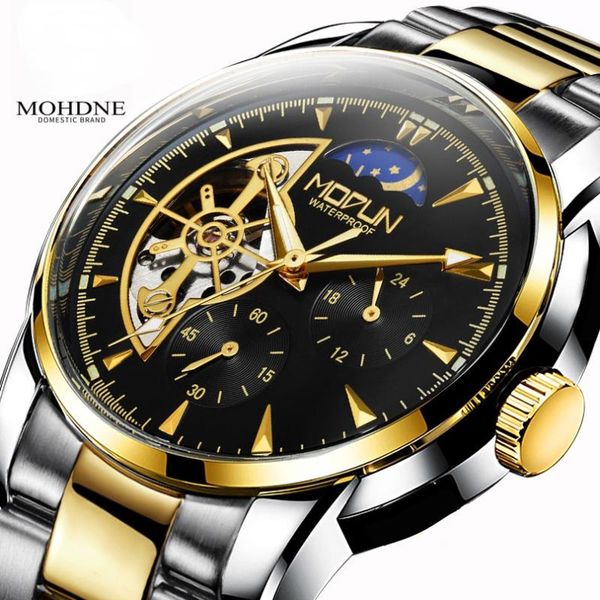 

wristwatches fashion business men's watch sun tourbillon hollow luminous six needle three eyes automatic mechanical reloj hombre, Slivery;brown