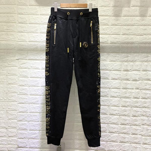 

men's pants trousers side letters drilling long pp sports small feet fashion self-cultivation, Black