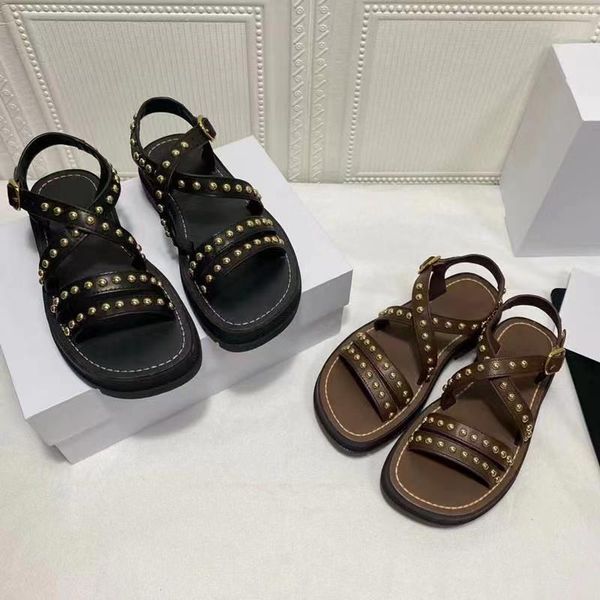 

sandals rivets women thick bottom slides cross tied design genuine leather shoes summer beach woman designer, Black