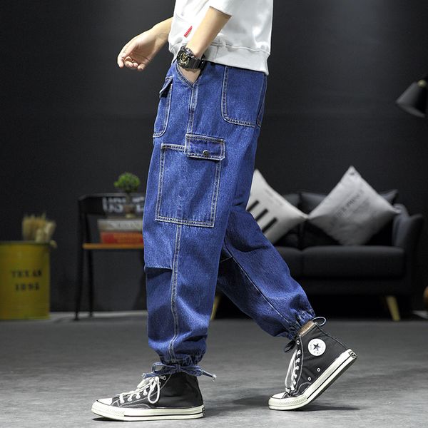 

Mens Fashion Drawstring Jean Pants 2021 Spring Muti-pockets Biker Denim Trousers Cowboy Blue Casual Jeans Plus Size -5XL
