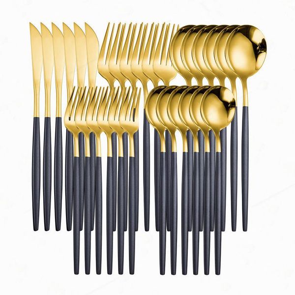 

black gold tableware cutlery set stainless steel western 30pieces spoon fork knife dinnerware home dinner sets