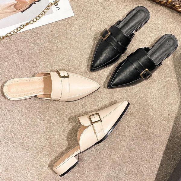 

slippers leather belt women home slides metal buckle flip flops ladies flats heels mules lazy comfy pantufa 2021, Black