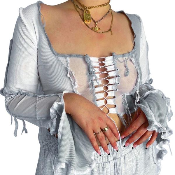 

women's t-shirt summer squarter collar color block crop 2021 club long sleeve lace up hollow out mesh patchwork, White