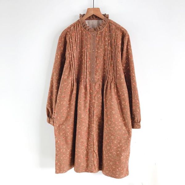 

casual dresses autumn winter women dress japan style cotton floral print lace stand collar long sleeve, Black;gray