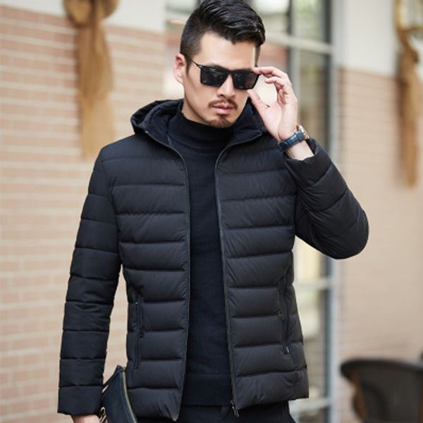 

men down jacket hooded solid zipper casual coat man slim warm fashion male clothing exquisite fabric -5xl, Black