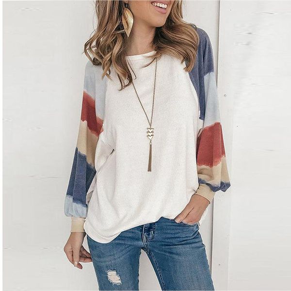 

t fashion designer ladies shirt round neck hit color watercolor balloon sleeve long s-xxl code, White