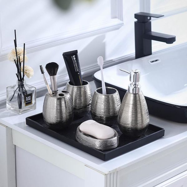 

ceramic bathroom 5/piece household lotion bottle/soap dish/toothbrush holder/mouthwash cup/receiving tray/bathroom accessory set bath