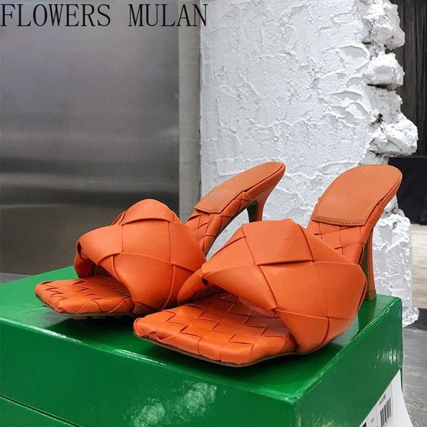 

slippers women square open toe mules high heels shoes woman weave sandals, Black
