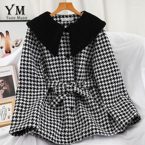 

women's wool & blends yuoomuoo brand fashion big collar plaid houndstooth vintage coat warm cotton-padded winter jacket women with blet, Black