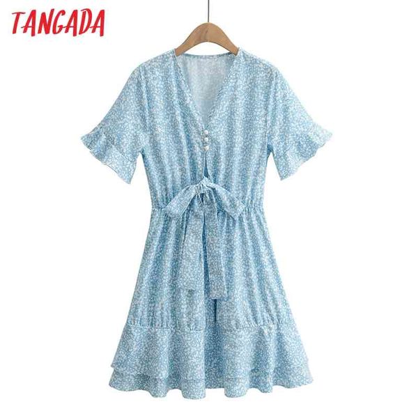 

summer women blue floral bow v neck short sleeve ladies mini dress vestidos 1f115 210416, Black;gray