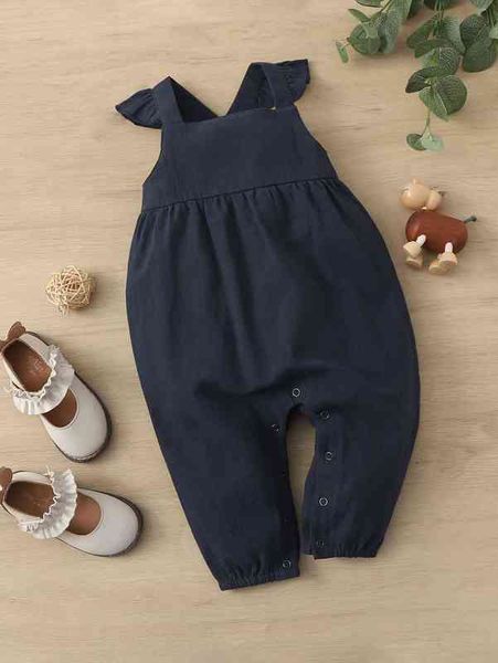 

baby solid ruffle trim crisscross back jumpsuit she, Blue